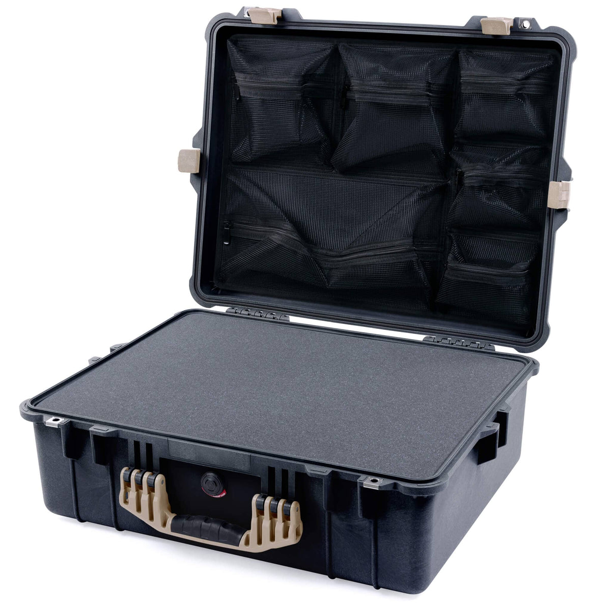 Pelican 1600 Case, Black with Desert Tan Handle &amp; Latches Pick &amp; Pluck Foam with Mesh Lid Organizer ColorCase 016000-0101-110-310