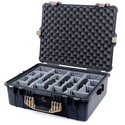 Pelican 1600 Case, Black with Desert Tan Handle & Latches Gray Padded Dividers with Convoluted Lid Foam ColorCase 016000-0070-110-310