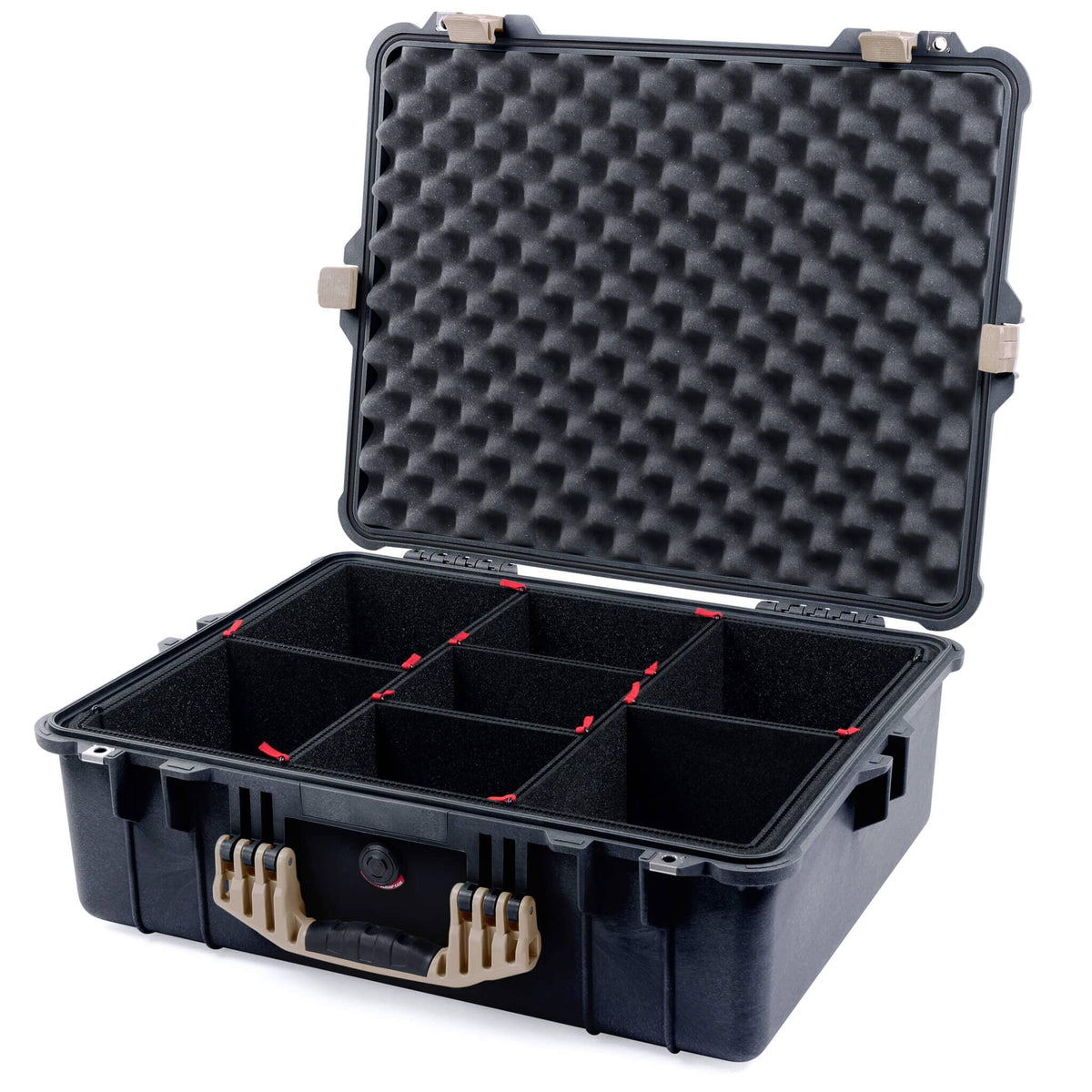 Pelican 1600 Case, Black with Desert Tan Handle &amp; Latches TrekPak Divider System with Convoluted Lid Foam ColorCase 016000-0020-110-310