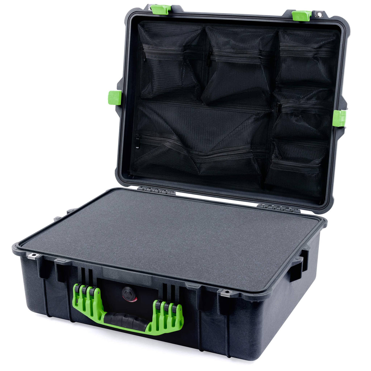 Pelican 1600 Case, Black with Lime Green Handle &amp; Latches Pick &amp; Pluck Foam with Mesh Lid Organizer ColorCase 016000-0101-110-300