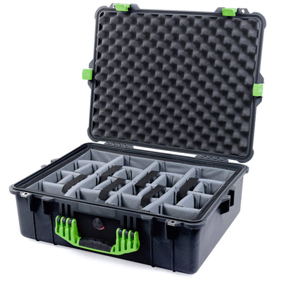 Pelican 1600 Case, Black with Lime Green Handle & Latches Gray Padded Dividers with Convoluted Lid Foam ColorCase 016000-0070-110-300