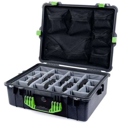 Pelican 1600 Case, Black with Lime Green Handle & Latches Gray Padded Dividers with Mesh Lid Organizer ColorCase 016000-0170-110-300