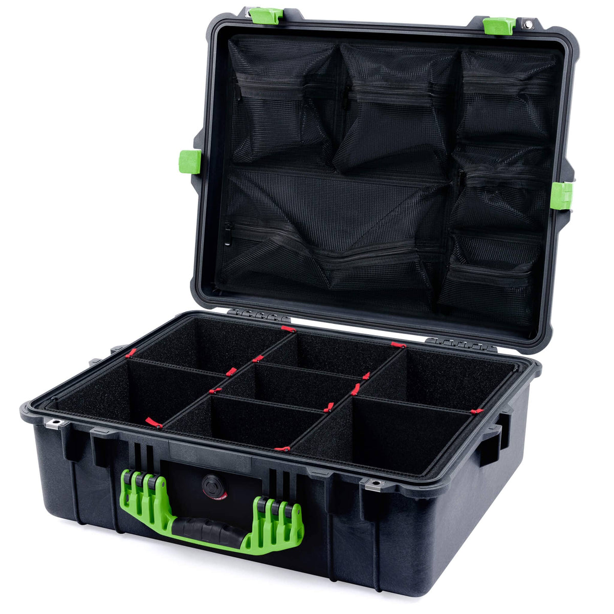 Pelican 1600 Case, Black with Lime Green Handle &amp; Latches TrekPak Divider System with Mesh Lid Organizer ColorCase 016000-0120-110-300