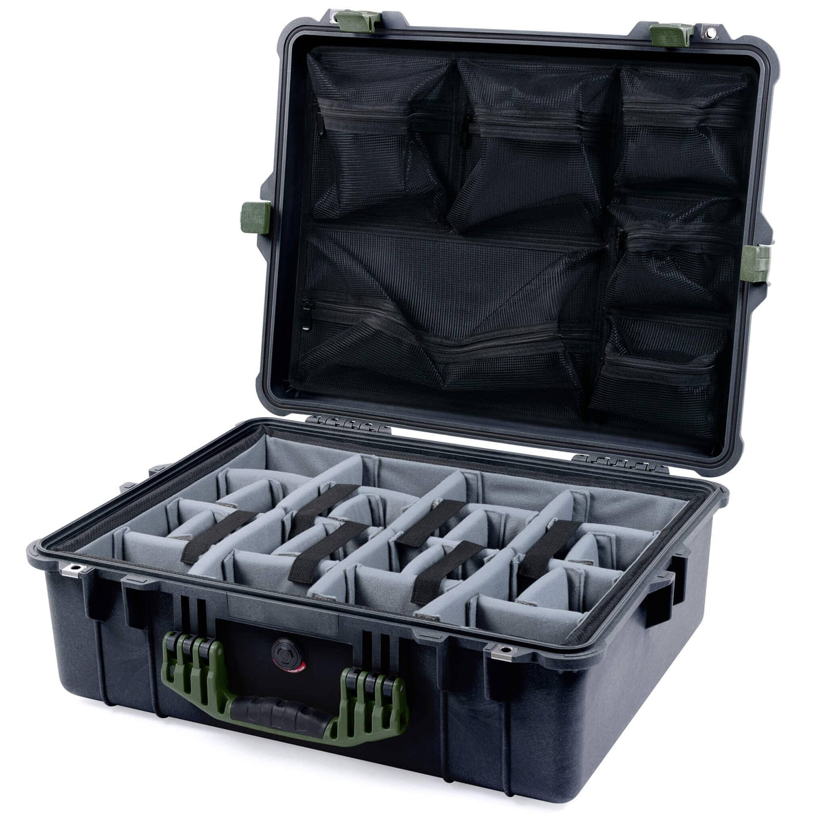 Pelican 1600 Case, Black with OD Green Handle &amp; Latches Gray Padded Dividers with Mesh Lid Organizer ColorCase 016000-0170-110-130