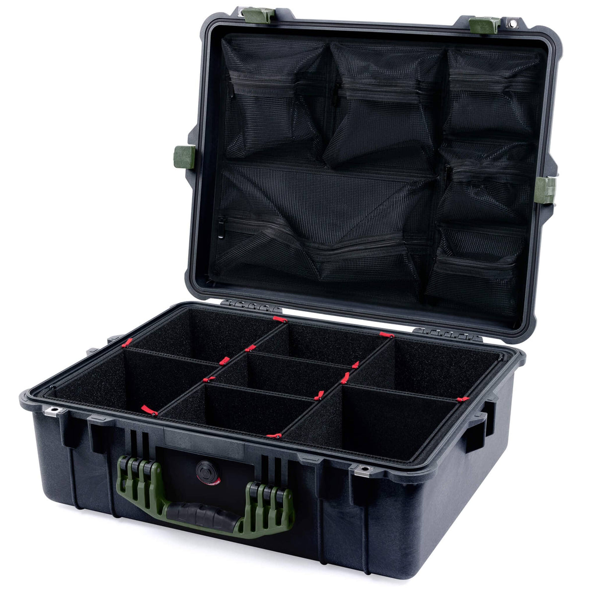 Pelican 1600 Case, Black with OD Green Handle &amp; Latches TrekPak Divider System with Mesh Lid Organizer ColorCase 016000-0120-110-130