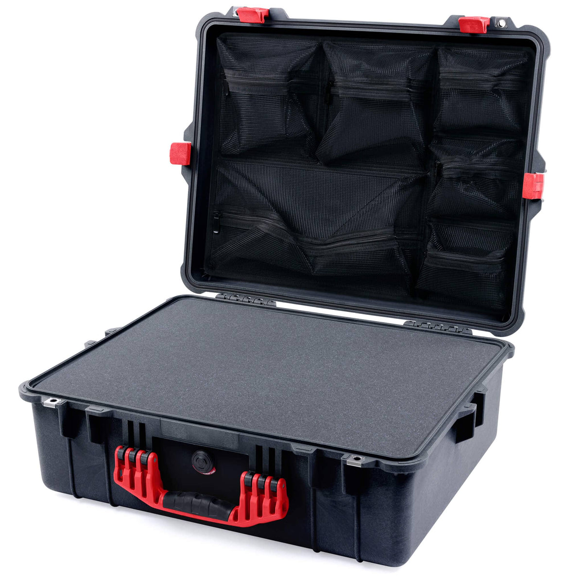 Pelican 1600 Case, Black with Red Handle &amp; Latches Pick &amp; Pluck Foam with Mesh Lid Organizer ColorCase 016000-0101-110-320