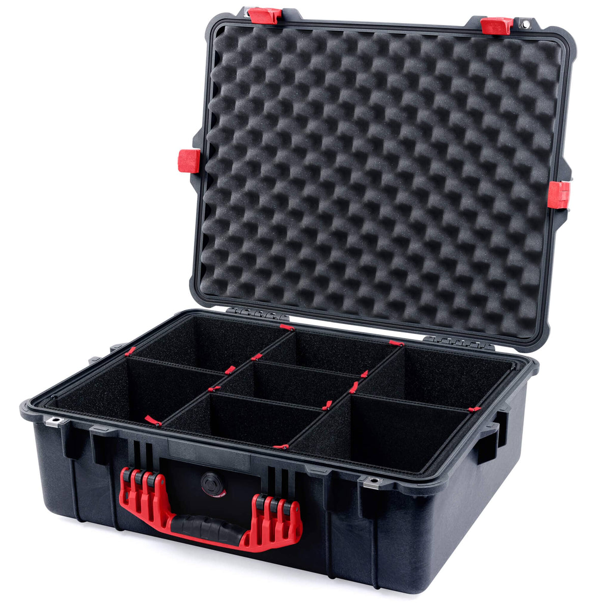 Pelican 1600 Case, Black with Red Handle &amp; Latches TrekPak Divider System with Convoluted Lid Foam ColorCase 016000-0020-110-320