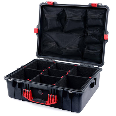 Pelican 1600 Case, Black with Red Handle & Latches TrekPak Divider System with Mesh Lid Organizer ColorCase 016000-0120-110-320