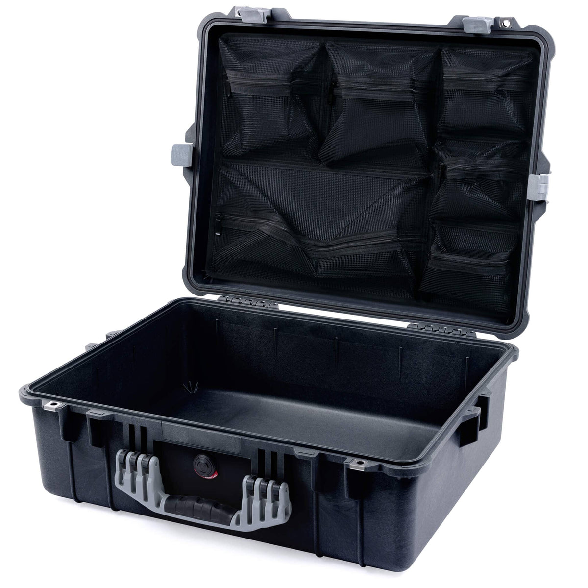 Pelican 1600 Case, Black with Silver Handle &amp; Latches Mesh Lid Organizer Only ColorCase 016000-0100-110-180