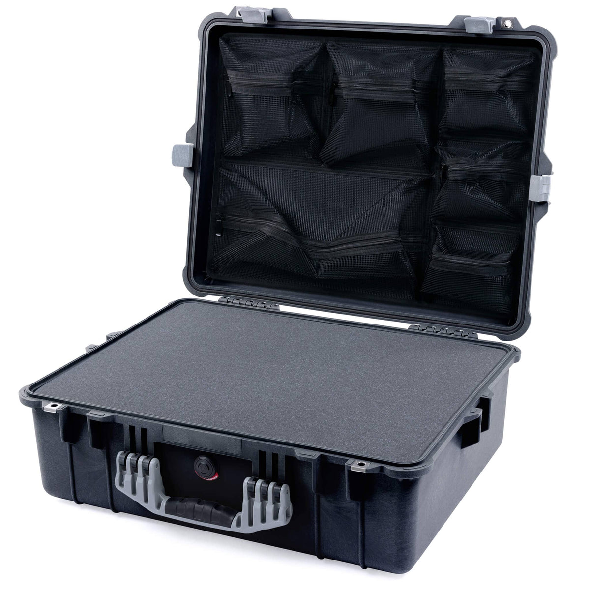 Pelican 1600 Case, Black with Silver Handle &amp; Latches Pick &amp; Pluck Foam with Mesh Lid Organizer ColorCase 016000-0101-110-180