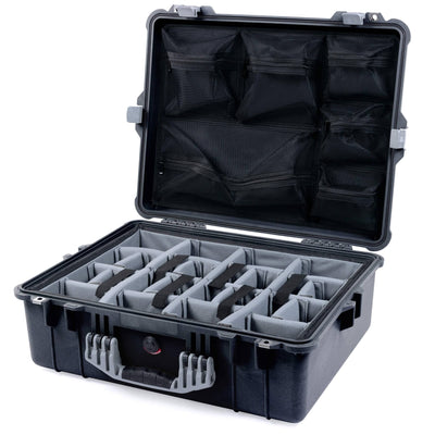 Pelican 1600 Case, Black with Silver Handle & Latches Gray Padded Dividers with Mesh Lid Organizer ColorCase 016000-0170-110-180
