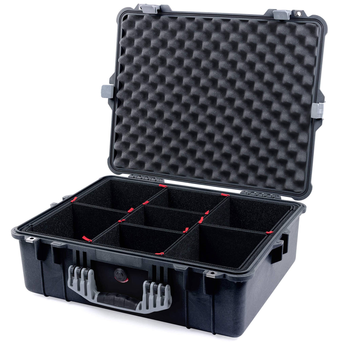 Pelican 1600 Case, Black with Silver Handle &amp; Latches TrekPak Divider System with Convoluted Lid Foam ColorCase 016000-0020-110-180