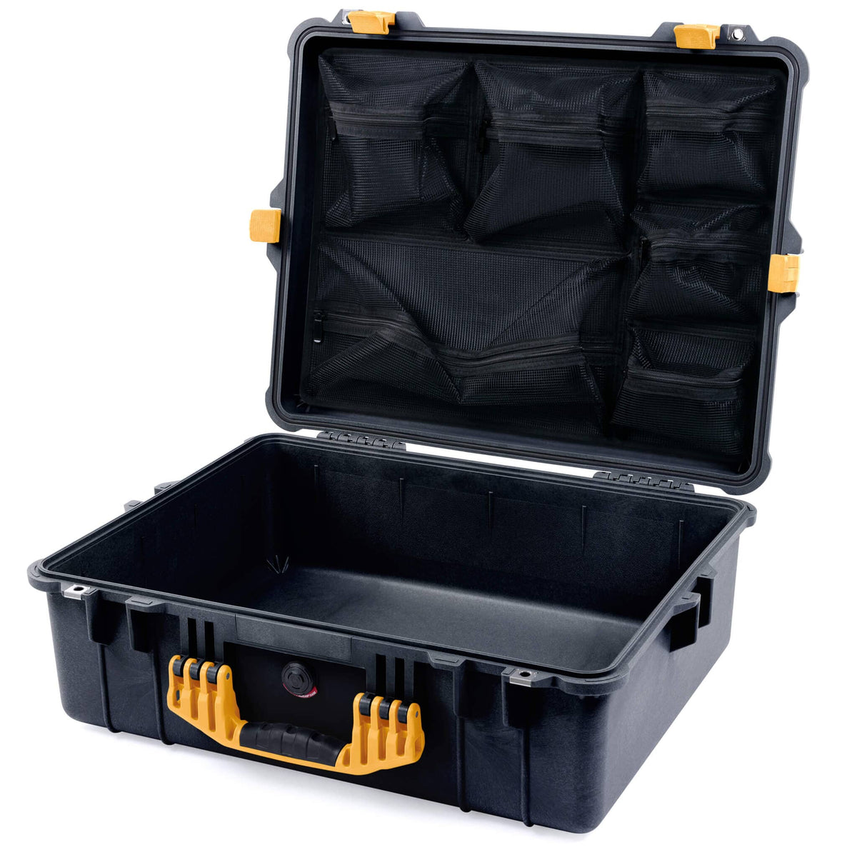 Pelican 1600 Case, Black with Yellow Handle &amp; Latches Mesh Lid Organizer Only ColorCase 016000-0100-110-240