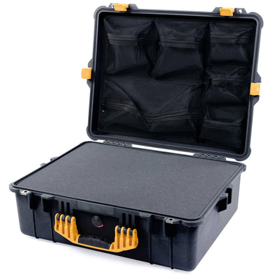 Pelican 1600 Case, Black with Yellow Handle & Latches Pick & Pluck Foam with Mesh Lid Organizer ColorCase 016000-0101-110-240