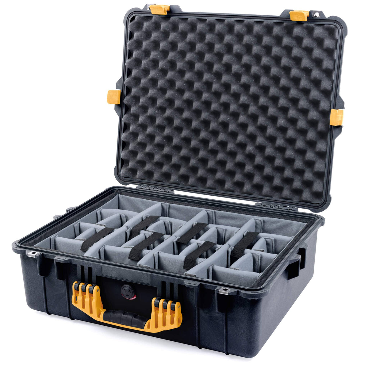 Pelican 1600 Case, Black with Yellow Handle &amp; Latches Gray Padded Dividers with Convoluted Lid Foam ColorCase 016000-0070-110-240