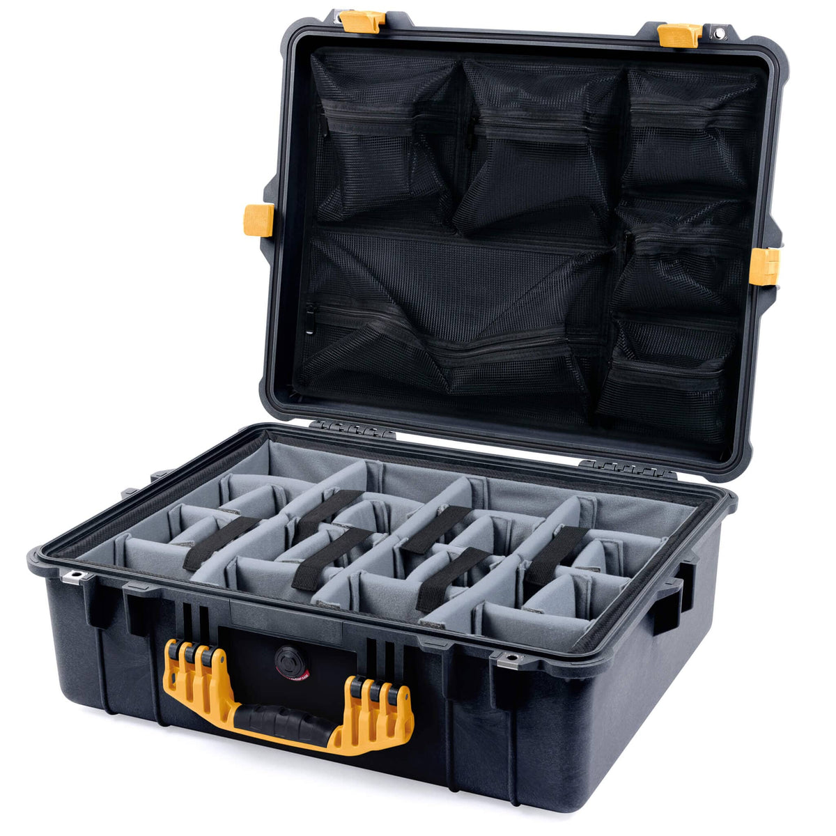 Pelican 1600 Case, Black with Yellow Handle &amp; Latches Gray Padded Dividers with Mesh Lid Organizer ColorCase 016000-0170-110-240