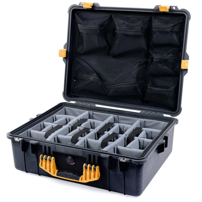 Pelican 1600 Case, Black with Yellow Handle & Latches Gray Padded Dividers with Mesh Lid Organizer ColorCase 016000-0170-110-240