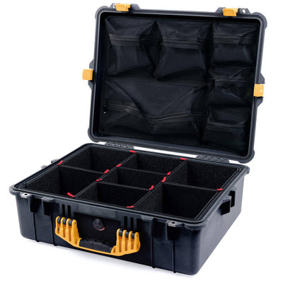 Pelican 1600 Case, Black with Yellow Handle & Latches TrekPak Divider System with Mesh Lid Organizer ColorCase 016000-0120-110-240