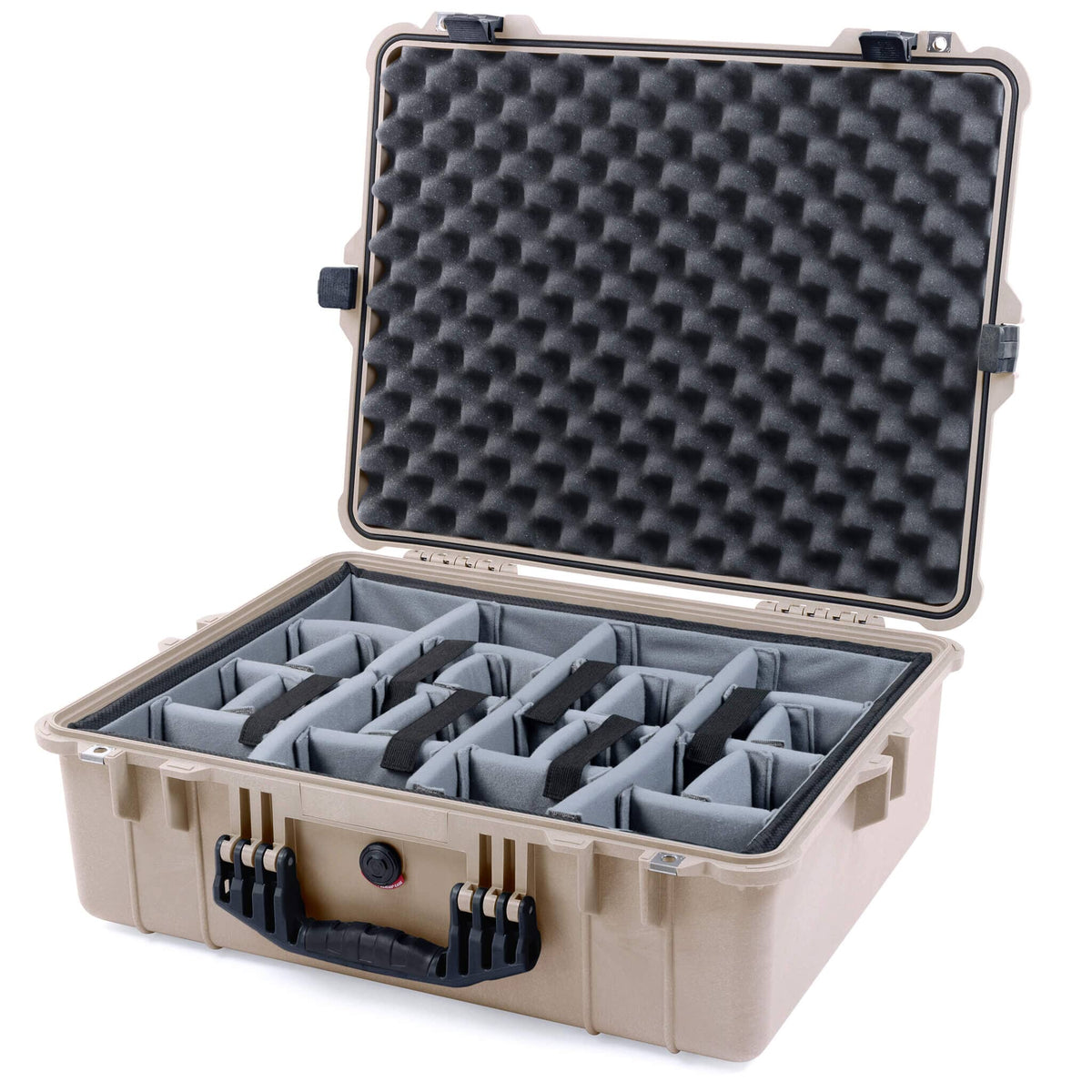 Pelican 1600 Case, Desert Tan with Black Handle &amp; Latches Gray Padded Dividers with Convoluted Lid Foam ColorCase 016000-0070-310-110