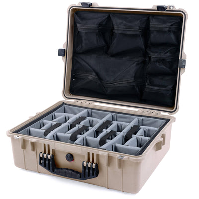 Pelican 1600 Case, Desert Tan with Black Handle & Latches Gray Padded Dividers with Mesh Lid Organizer ColorCase 016000-0170-310-110