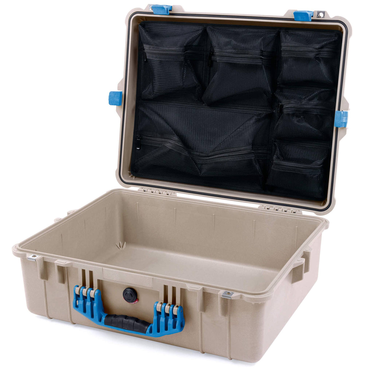 Pelican 1600 Case, Desert Tan with Blue Handle &amp; Latches Mesh Lid Organizer Only ColorCase 016000-0100-310-120