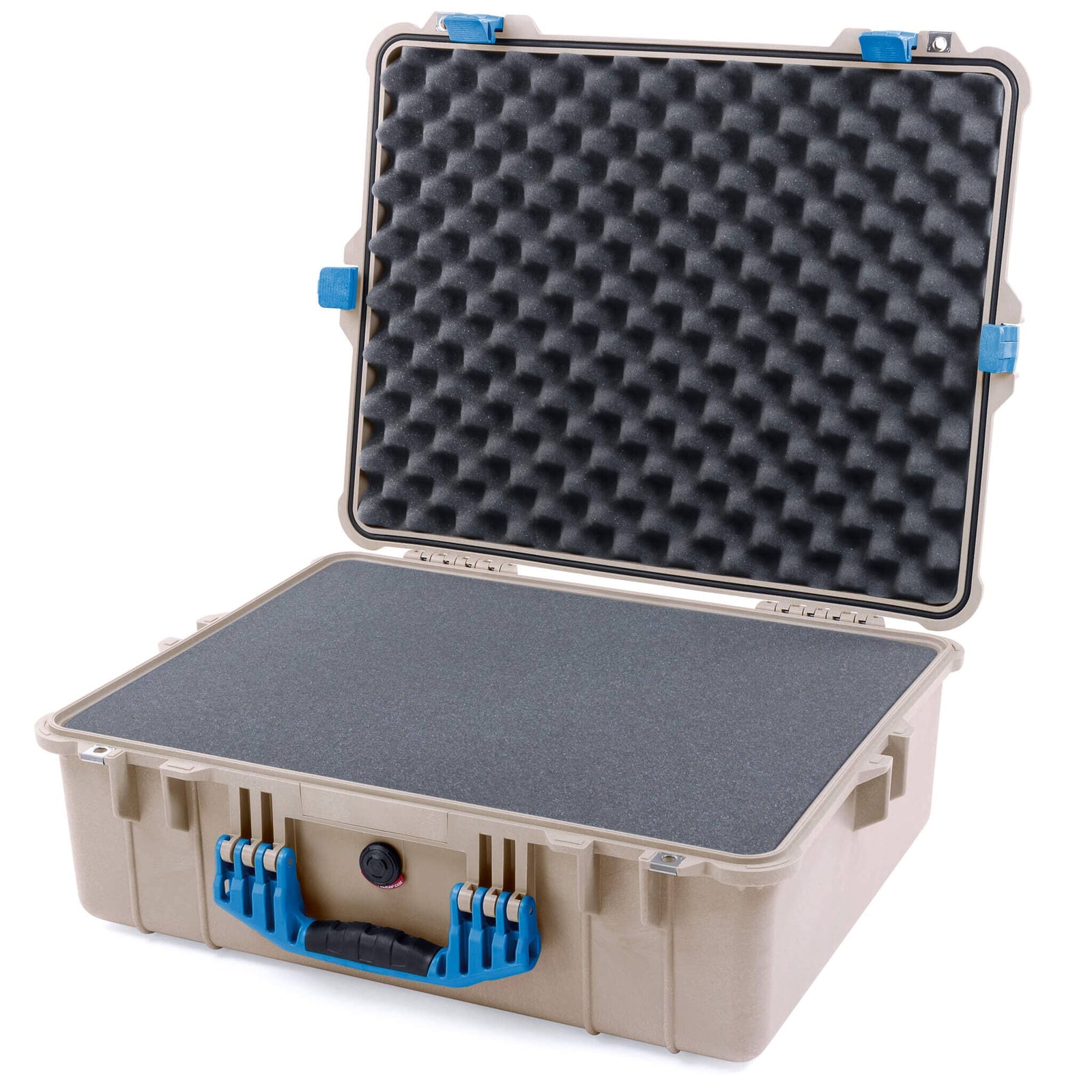 Pelican 1600 Case, Desert Tan with Blue Handle & Latches Pick & Pluck Foam with Convoluted Lid Foam ColorCase 016000-0001-310-120