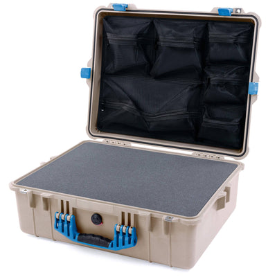 Pelican 1600 Case, Desert Tan with Blue Handle & Latches Pick & Pluck Foam with Mesh Lid Organizer ColorCase 016000-0101-310-120