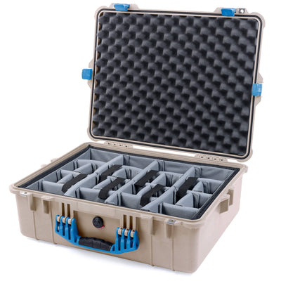Pelican 1600 Case, Desert Tan with Blue Handle & Latches Gray Padded Dividers with Convoluted Lid Foam ColorCase 016000-0070-310-120