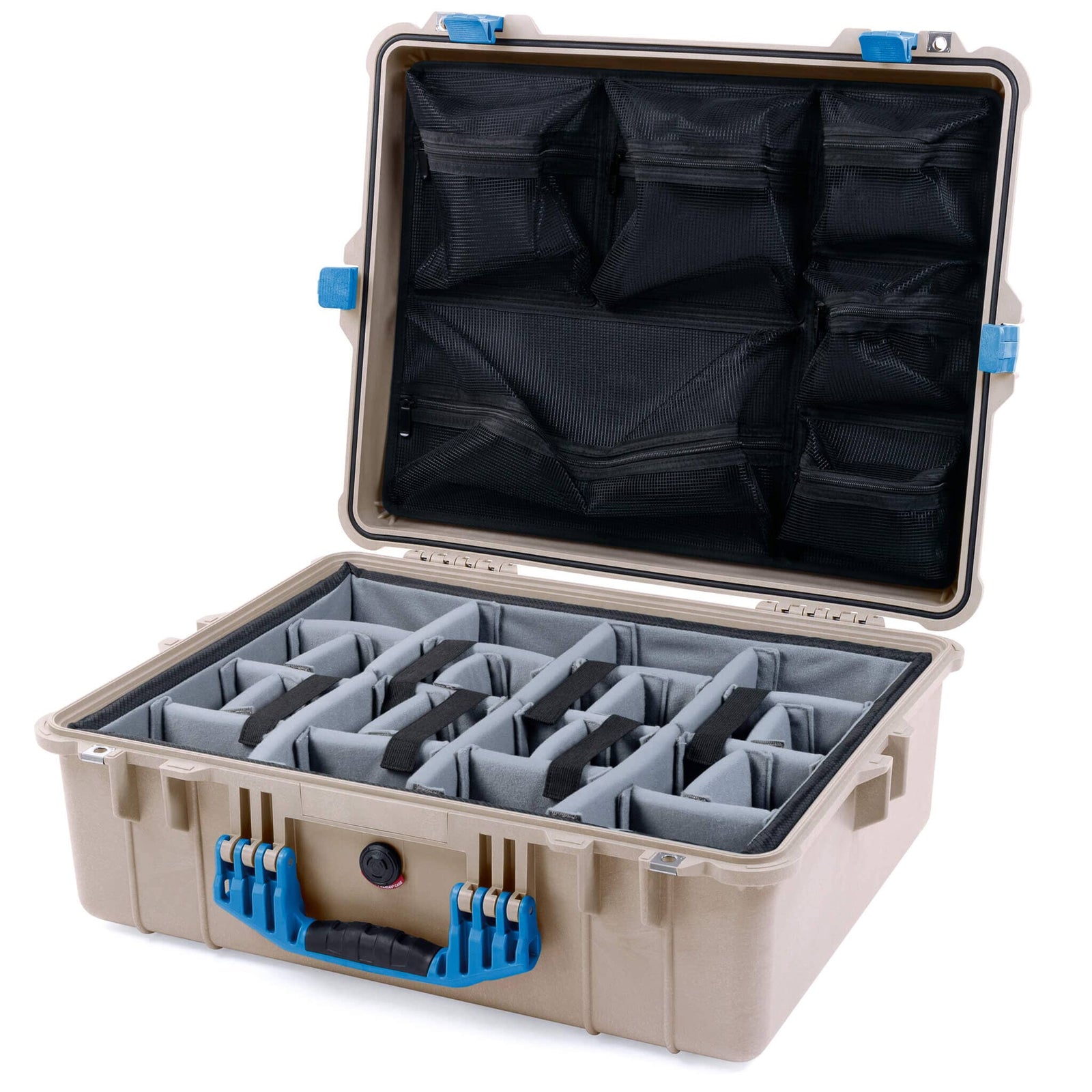 Pelican 1600 Case, Desert Tan with Blue Handle & Latches Gray Padded Dividers with Mesh Lid Organizer ColorCase 016000-0170-310-120