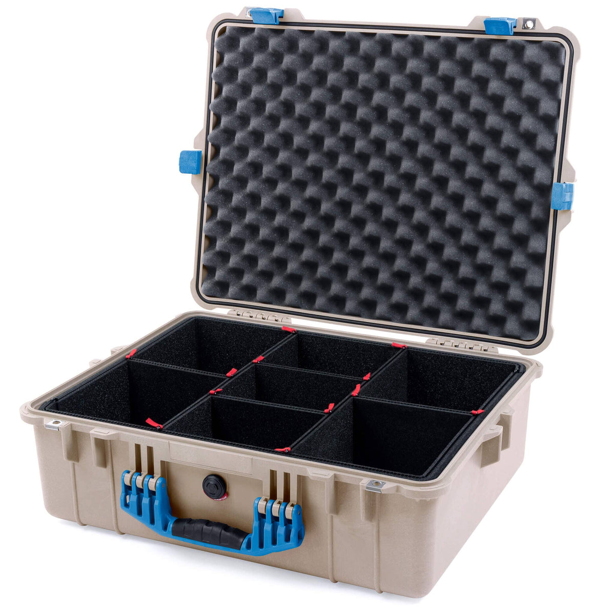 Pelican 1600 Case, Desert Tan with Blue Handle &amp; Latches TrekPak Divider System with Convoluted Lid Foam ColorCase 016000-0020-310-120