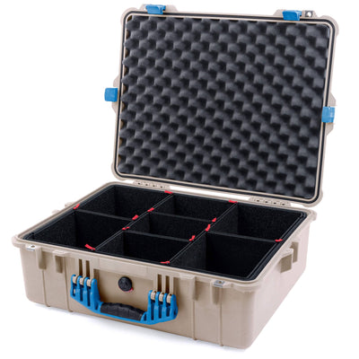 Pelican 1600 Case, Desert Tan with Blue Handle & Latches TrekPak Divider System with Convoluted Lid Foam ColorCase 016000-0020-310-120