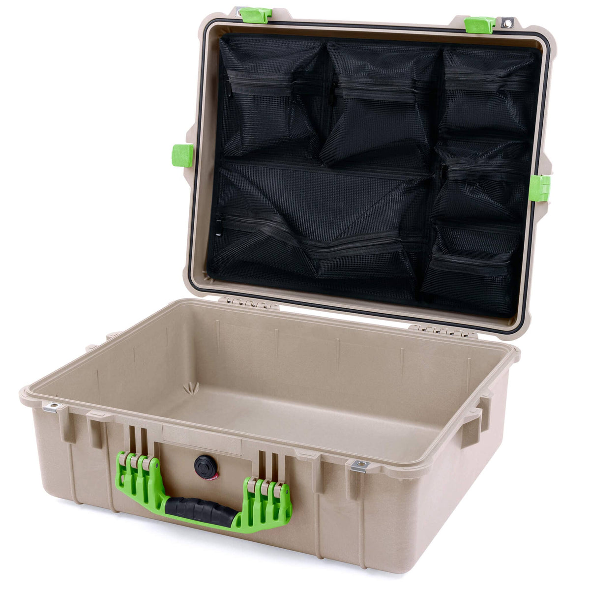 Pelican 1600 Case, Desert Tan with Lime Green Handle &amp; Latches Mesh Lid Organizer Only ColorCase 016000-0100-310-300