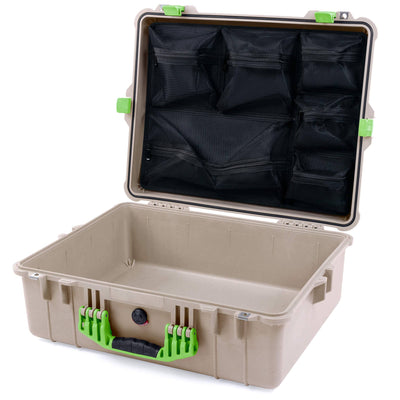 Pelican 1600 Case, Desert Tan with Lime Green Handle & Latches Mesh Lid Organizer Only ColorCase 016000-0100-310-300