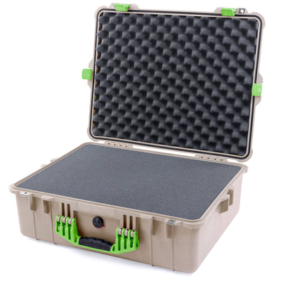 Pelican 1600 Case, Desert Tan with Lime Green Handle & Latches Pick & Pluck Foam with Convoluted Lid Foam ColorCase 016000-0001-310-300