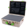 Pelican 1600 Case, Desert Tan with Lime Green Handle & Latches Pick & Pluck Foam with Mesh Lid Organizer ColorCase 016000-0101-310-300