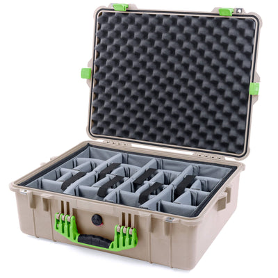 Pelican 1600 Case, Desert Tan with Lime Green Handle & Latches Gray Padded Dividers with Convoluted Lid Foam ColorCase 016000-0070-310-300