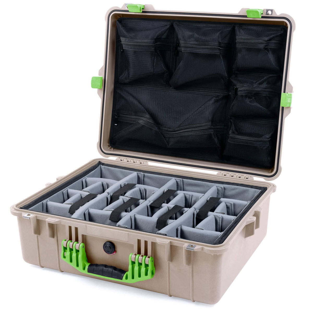 Pelican 1600 Case, Desert Tan with Lime Green Handle &amp; Latches Gray Padded Dividers with Mesh Lid Organizer ColorCase 016000-0170-310-300