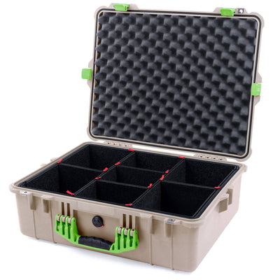 Pelican 1600 Case, Desert Tan with Lime Green Handle & Latches TrekPak Divider System with Convoluted Lid Foam ColorCase 016000-0020-310-300