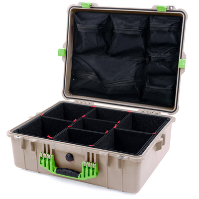 Pelican 1600 Case, Desert Tan with Lime Green Handle & Latches TrekPak Divider System with Mesh Lid Organizer ColorCase 016000-0120-310-300