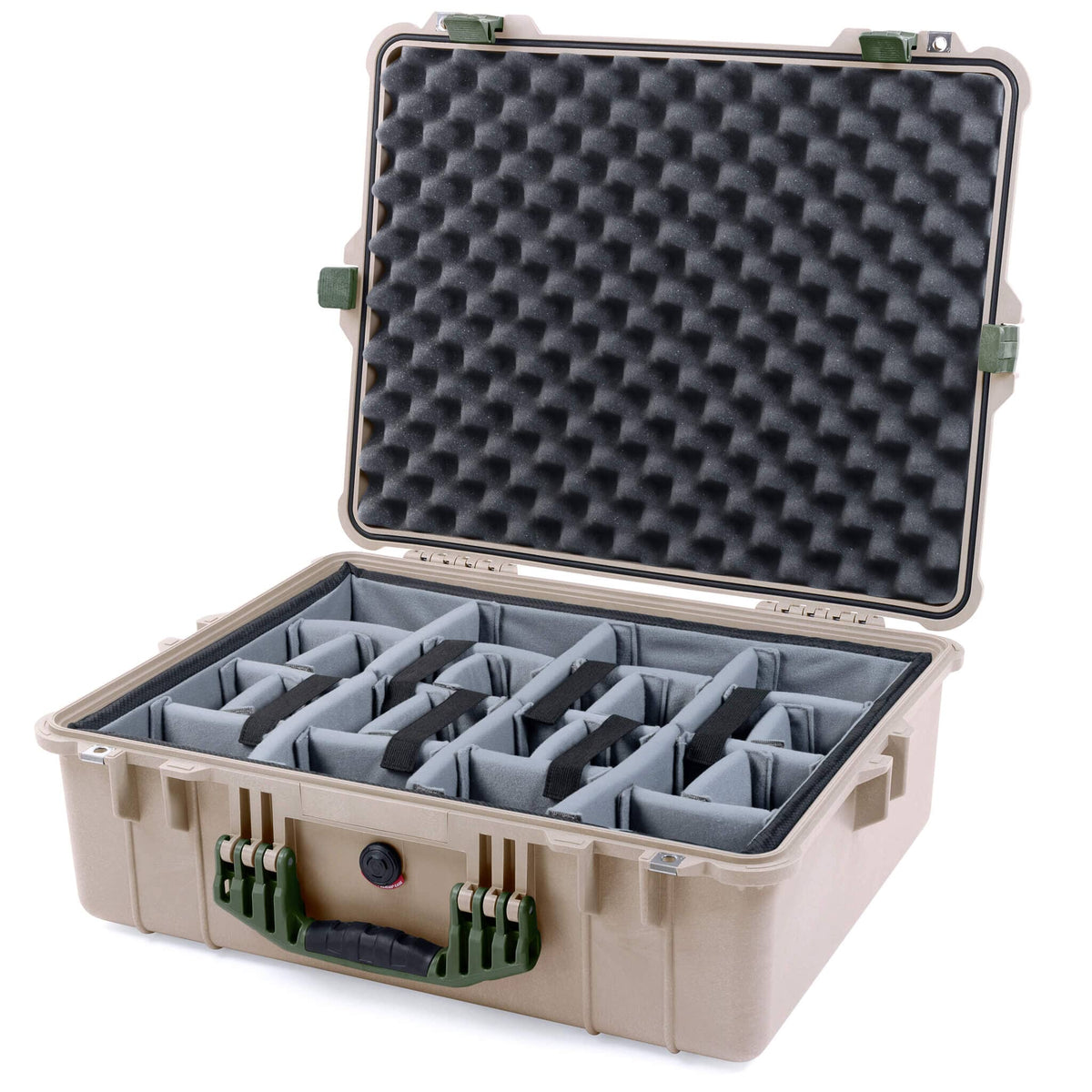 Pelican 1600 Case, Desert Tan with OD Green Handle &amp; Latches Gray Padded Dividers with Convoluted Lid Foam ColorCase 016000-0070-310-130