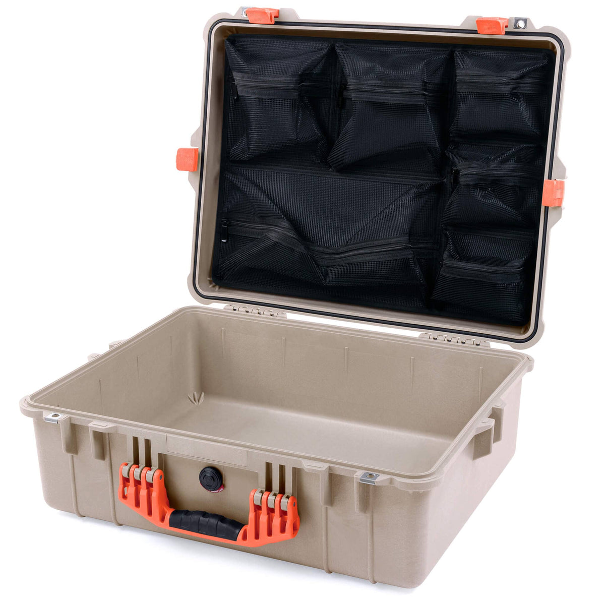 Pelican 1600 Case, Desert Tan with Orange Handle &amp; Latches Mesh Lid Organizer Only ColorCase 016000-0100-310-150