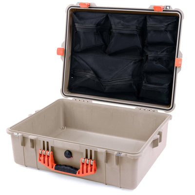 Pelican 1600 Case, Desert Tan with Orange Handle & Latches Mesh Lid Organizer Only ColorCase 016000-0100-310-150