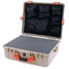 Pelican 1600 Case, Desert Tan with Orange Handle & Latches Pick & Pluck Foam with Mesh Lid Organizer ColorCase 016000-0101-310-150