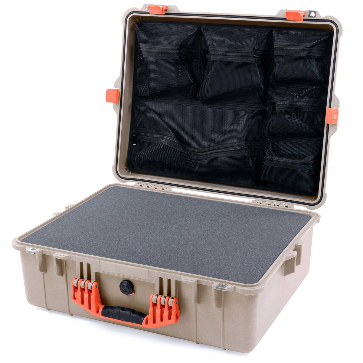 Pelican 1600 Case, Desert Tan with Orange Handle &amp; Latches Pick &amp; Pluck Foam with Mesh Lid Organizer ColorCase 016000-0101-310-150