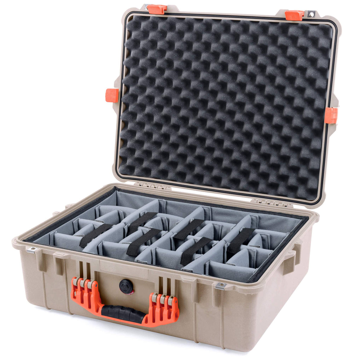 Pelican 1600 Case, Desert Tan with Orange Handle &amp; Latches Gray Padded Dividers with Convoluted Lid Foam ColorCase 016000-0070-310-150