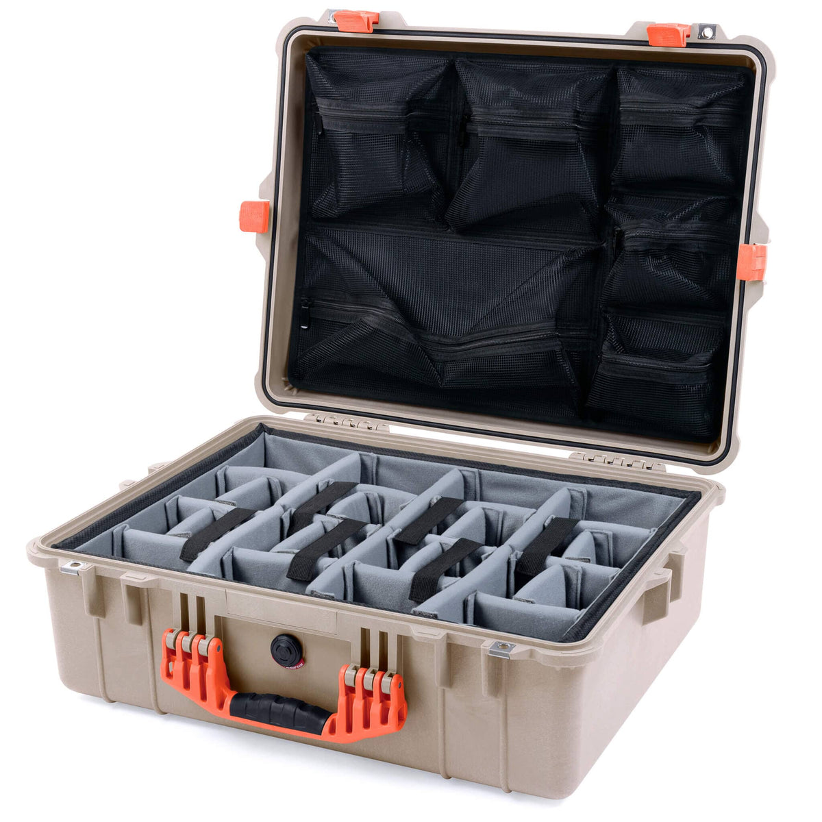 Pelican 1600 Case, Desert Tan with Orange Handle &amp; Latches Gray Padded Dividers with Mesh Lid Organizer ColorCase 016000-0170-310-150