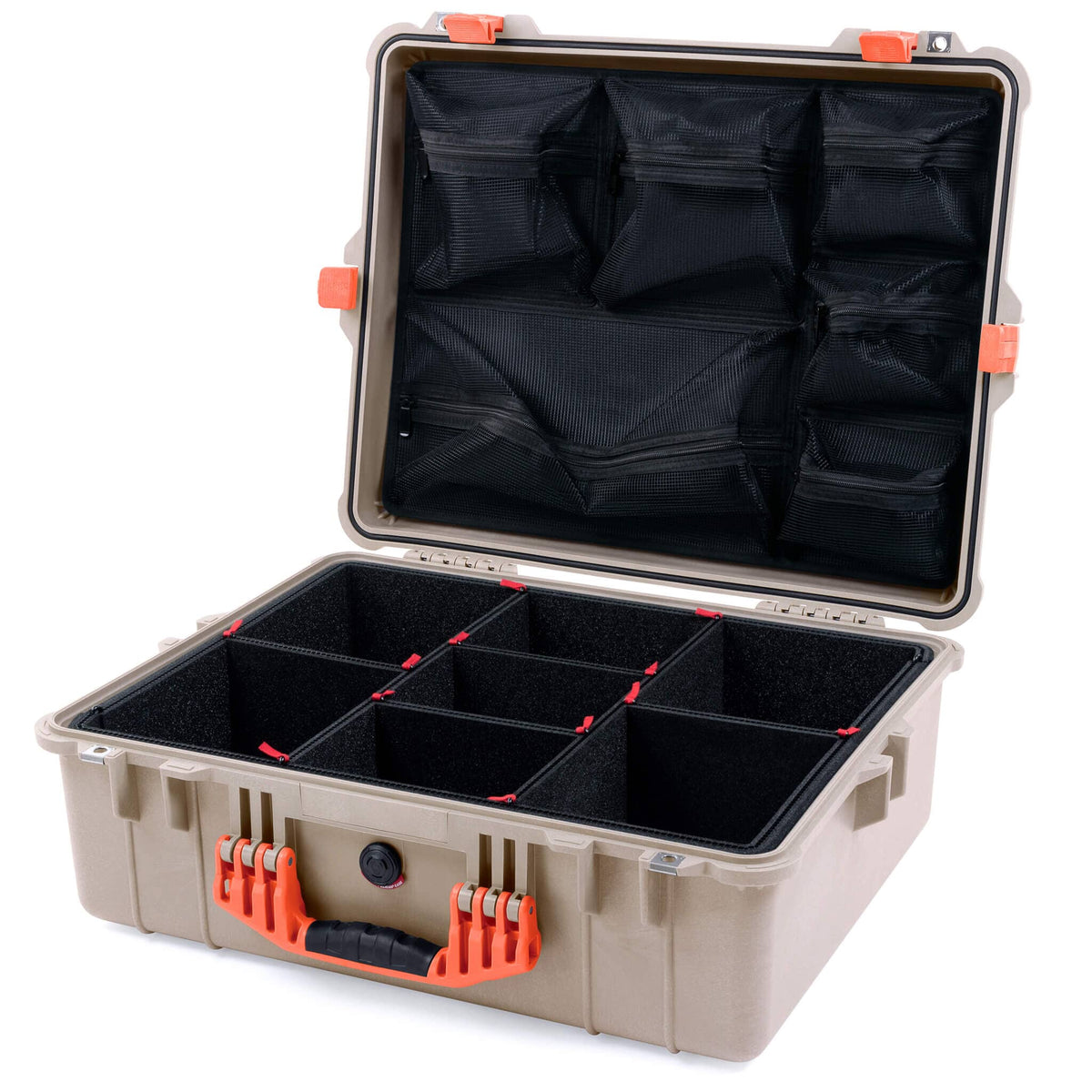 Pelican 1600 Case, Desert Tan with Orange Handle &amp; Latches TrekPak Divider System with Mesh Lid Organizer ColorCase 016000-0120-310-150