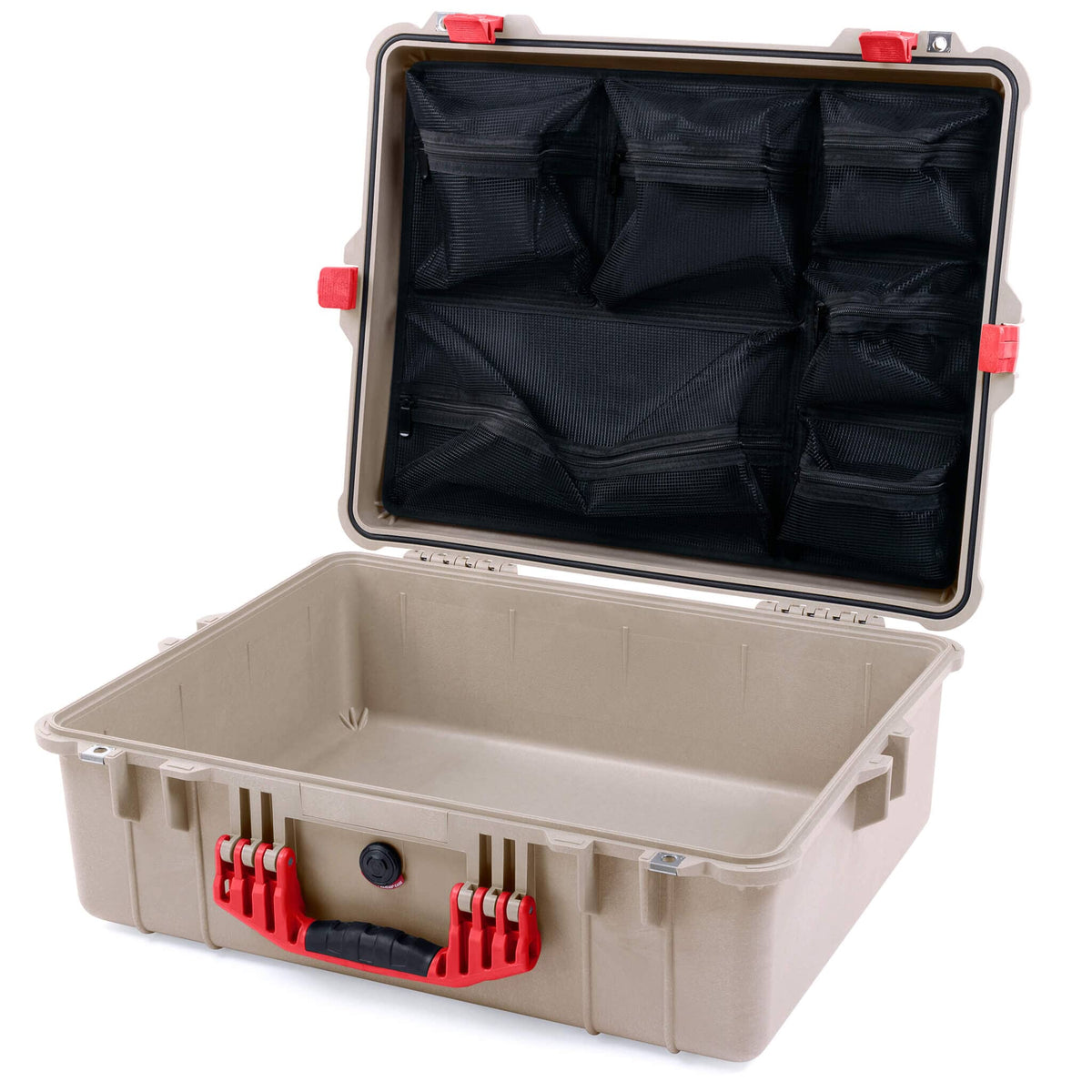 Pelican 1600 Case, Desert Tan with Red Handle &amp; Latches Mesh Lid Organizer Only ColorCase 016000-0100-310-320