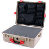 Pelican 1600 Case, Desert Tan with Red Handle & Latches Pick & Pluck Foam with Mesh Lid Organizer ColorCase 016000-0101-310-320