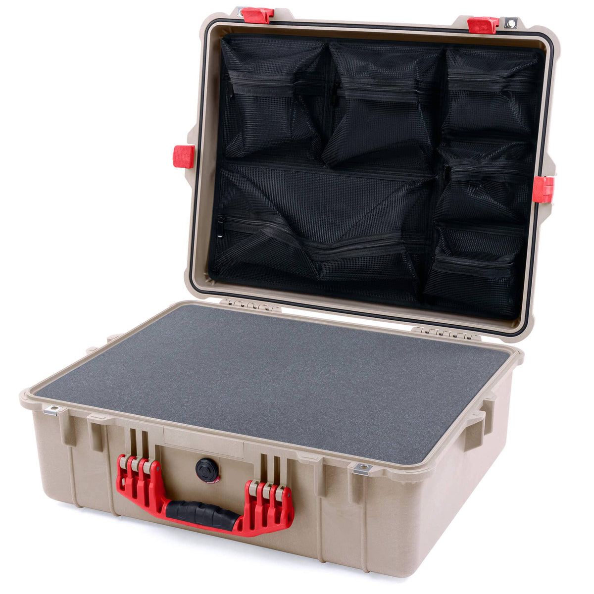 Pelican 1600 Case, Desert Tan with Red Handle &amp; Latches Pick &amp; Pluck Foam with Mesh Lid Organizer ColorCase 016000-0101-310-320